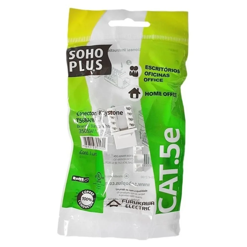 Imagem 2 de 5 do produto Conector Sohoplus Fêmea Cat5e T568a/b Rohs - Branco