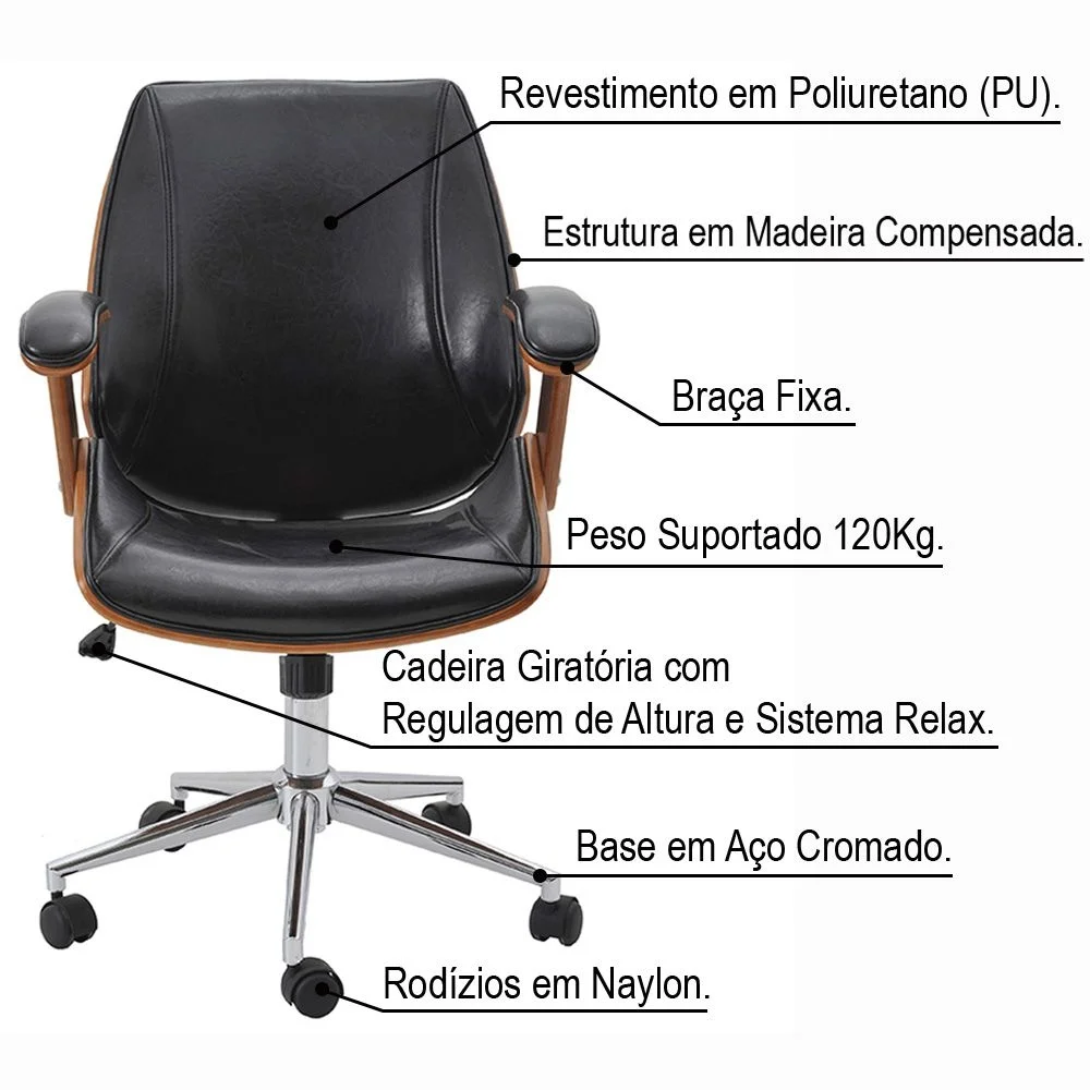 Kit 02 Cadeiras Gran Belo De Escritório Diretor Giratória Com Regulagem De Altura Akon Pu Sintético Preto