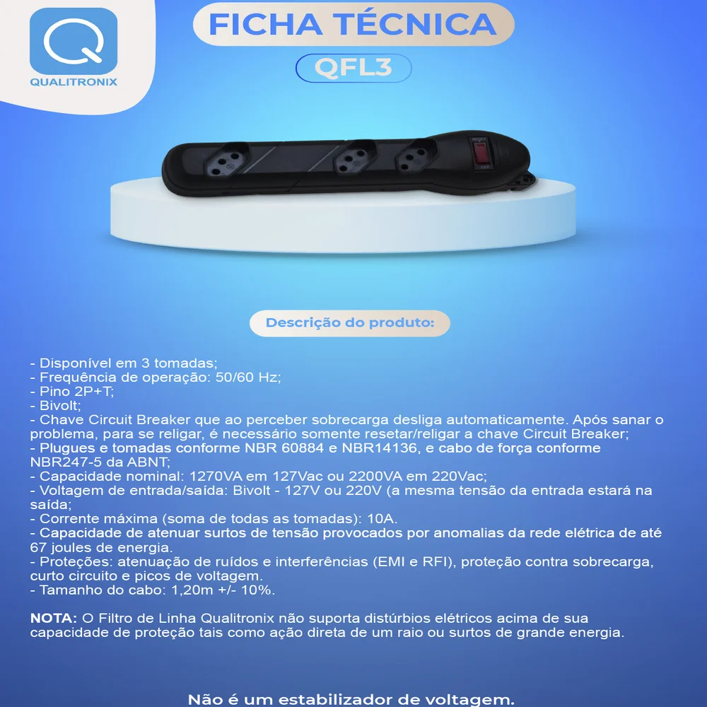 Imagem 2 de 5 do produto Filtro De Linha Qualitronix, 3 Tomadas, Régua, Bivolt