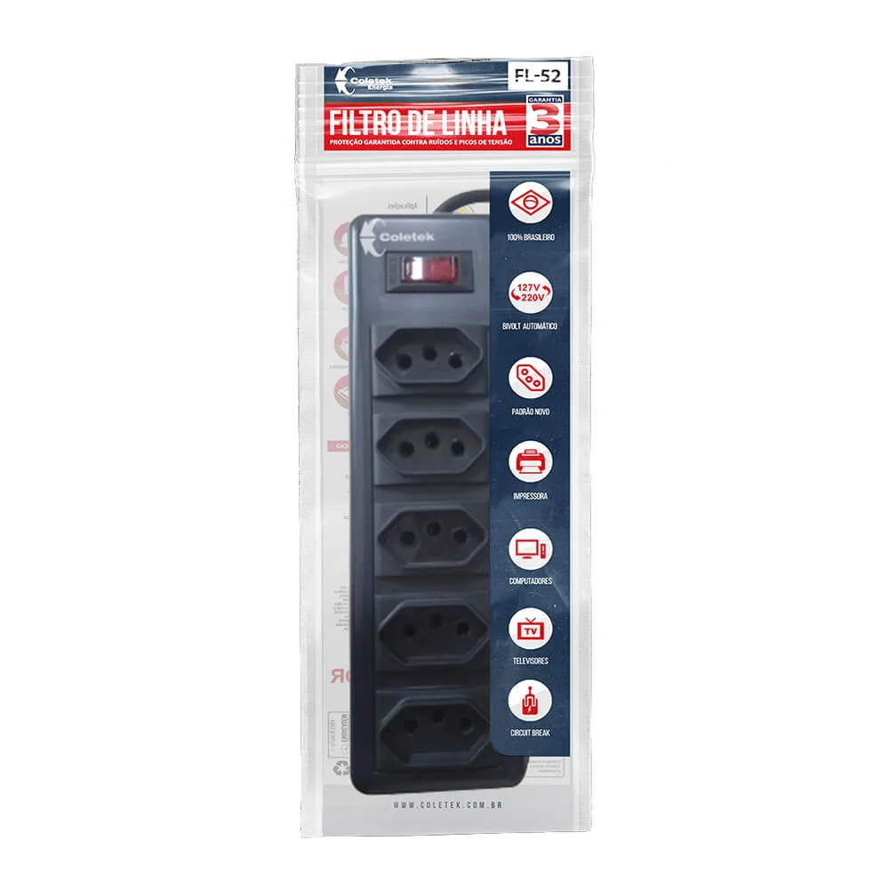 Imagem 4 de 5 do produto Extensão Elétrica Coletek 5 Tomadas Filtro Linha Régua Bivolt