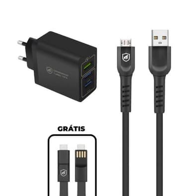 Kit Carregador Triplo Turbo + Cabo Dual Shock Micro Usb V8 + Cabo  - Gshield