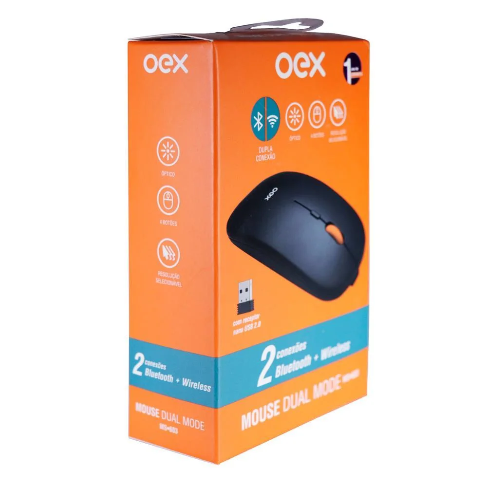 Imagem 4 de 5 do produto Mouse Optico Sem Fio Oex Ms603, 2 Conexões, Dual Mode, Preto