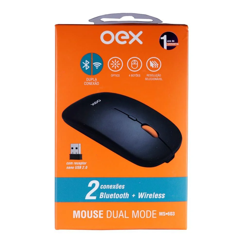 Imagem 5 de 5 do produto Mouse Optico Sem Fio Oex Ms603, 2 Conexões, Dual Mode, Preto