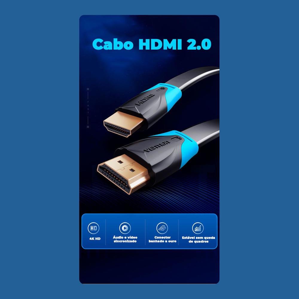 Imagem 3 de 5 do produto Cabo HDMI Vention, Flat 2.0, 4k, Gamer Monitor, Pc, Ps4, Xbox - 5m