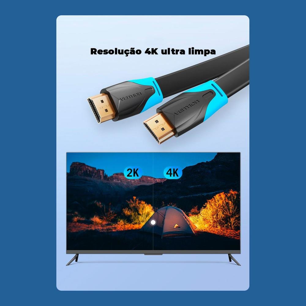 Imagem 4 de 5 do produto Cabo HDMI Vention, Flat 2.0, 4k, Gamer Monitor, Pc, Ps4, Xbox - 5m