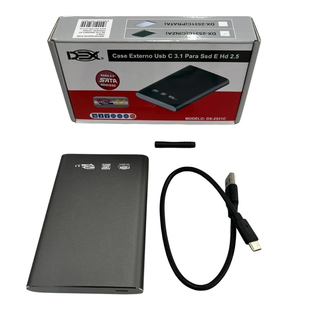 Case Externo Dex Dx-2531c Para HD SSD Note Pc USB C 3.1 Sata 2.5 Até 6 Gbps Cinza