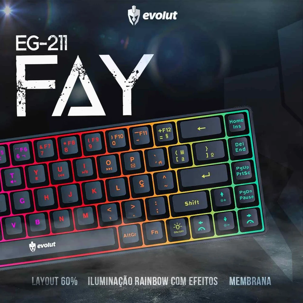 Imagem 3 de 5 do produto Teclado Gamer Evolut Eg211, Led Backlight Rainbow 60% Fay, USB, Preto