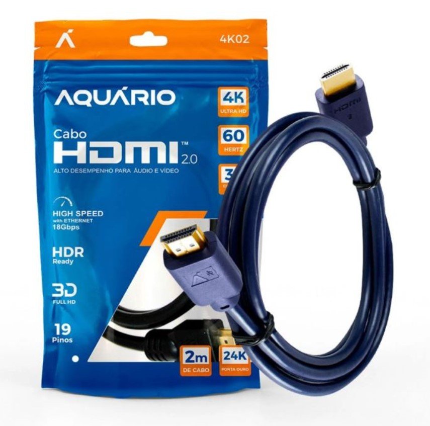 Cabo HDMI Aquário 2.0, 2M, 4K, 3D, 19 Pinos - 4K02