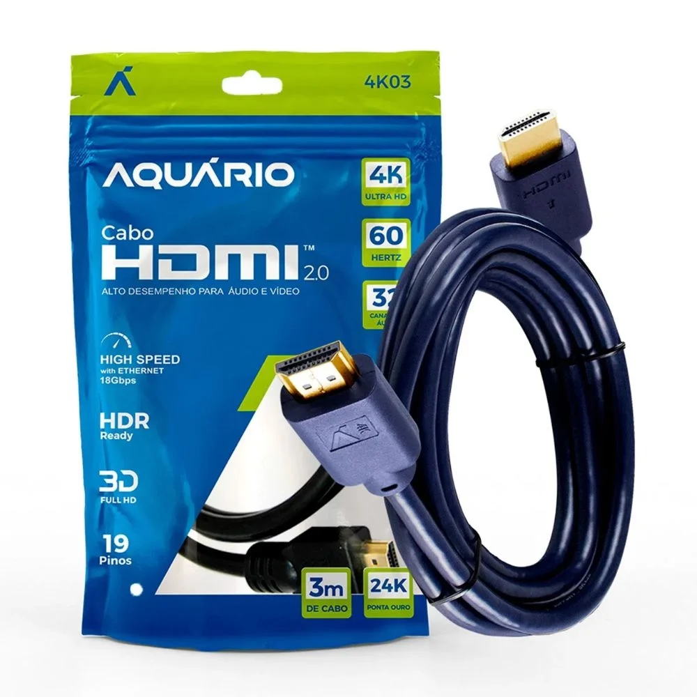 Imagem 2 de 5 do produto Cabo HDMI Aquário 2.0 4k 3d 19 Pinos 3 Metros - 4k03