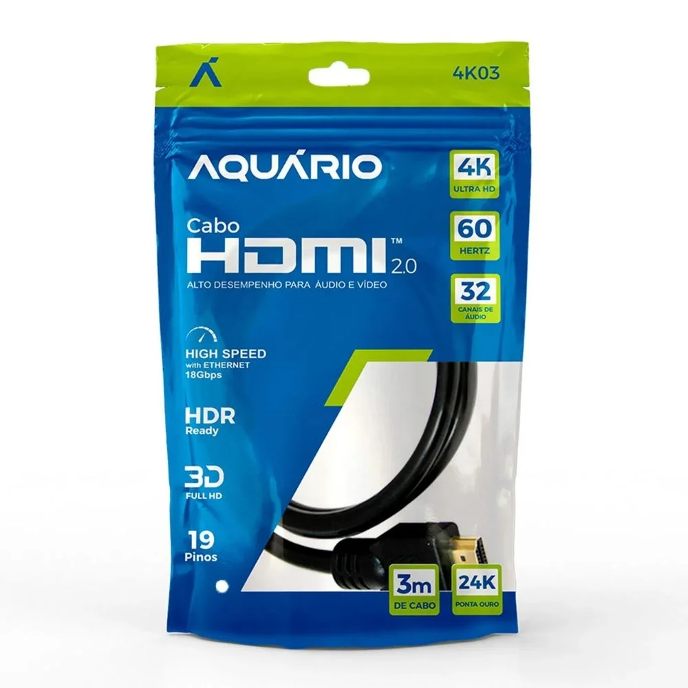 Imagem 3 de 5 do produto Cabo HDMI Aquário 2.0 4k 3d 19 Pinos 3 Metros - 4k03