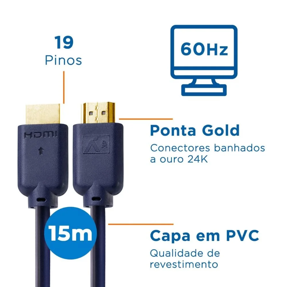 Imagem 2 de 5 do produto Cabo HDMI Aquario 2.0 4k 3d 19 Pinos 15 Metros - 4k15