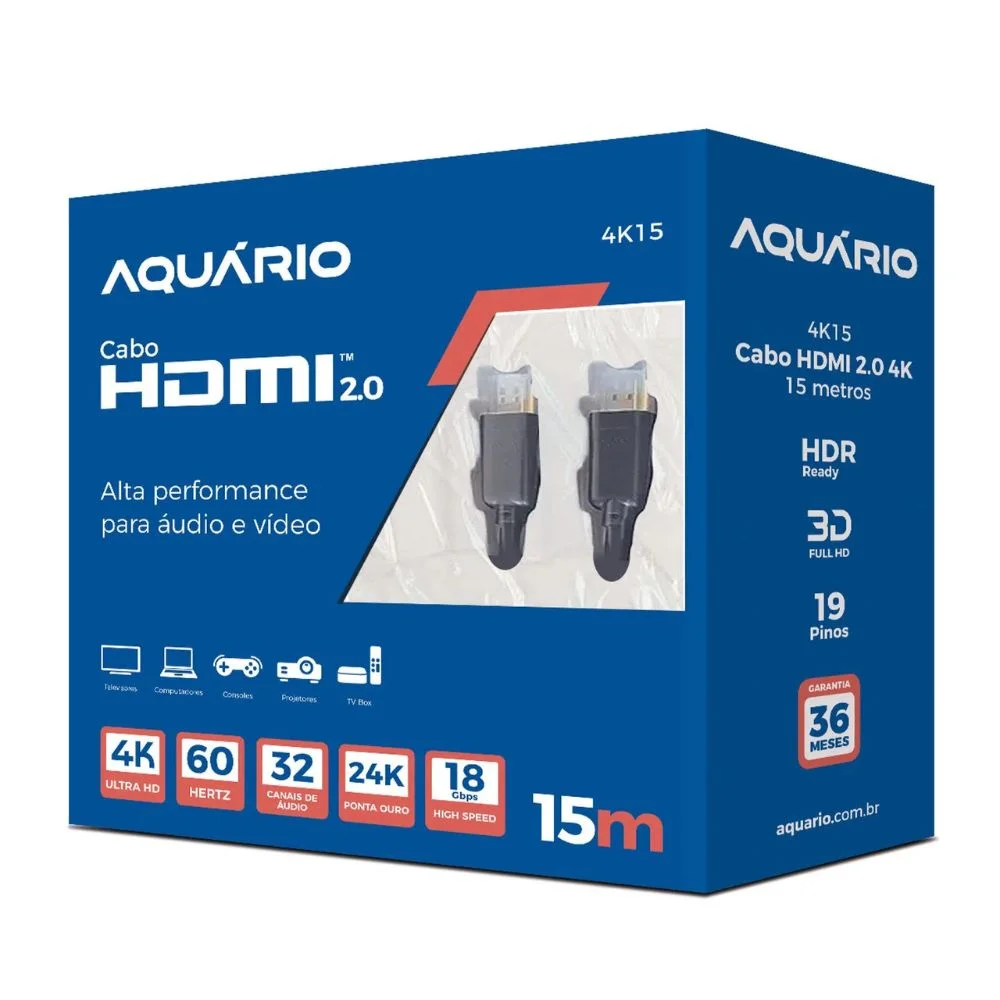 Imagem 4 de 5 do produto Cabo HDMI Aquario 2.0 4k 3d 19 Pinos 15 Metros - 4k15