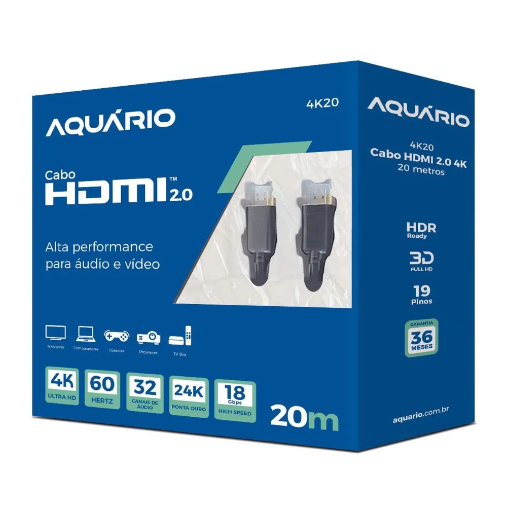 Imagem 3 de 4 do produto Cabo HDMI Aquario 2.0 4k 3d 19 Pinos 20 Metros - 4k20