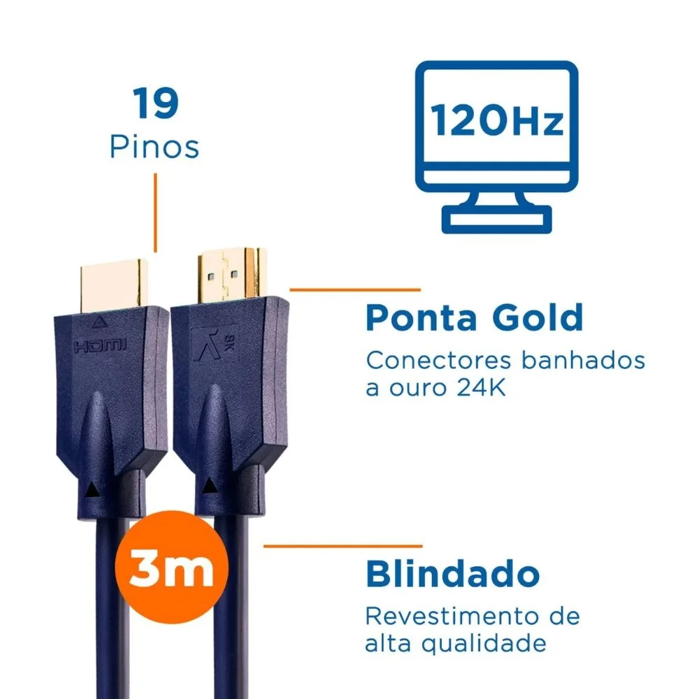 Imagem 2 de 5 do produto Cabo HDMI Aquario 2.1 8k 3d 19 Pinos 3 Metros - 8k3