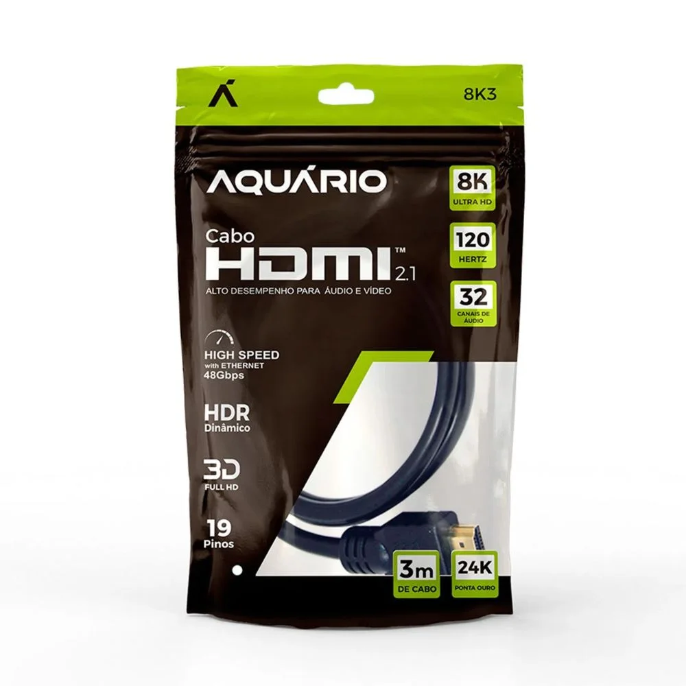 Imagem 4 de 5 do produto Cabo HDMI Aquario 2.1 8k 3d 19 Pinos 3 Metros - 8k3