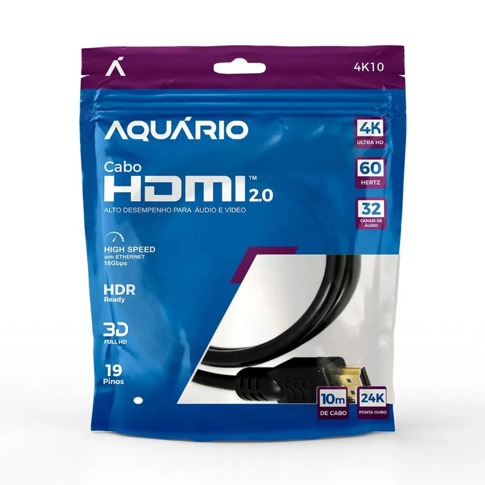 Imagem 3 de 4 do produto Cabo HDMI Aquario 2.0 4k 3d 19 Pinos 10 Metros - 4k10