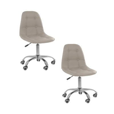 Kit 02 Cadeiras Office Nobrand Eiffel Botonê Ajustável Base Giratória, Bege