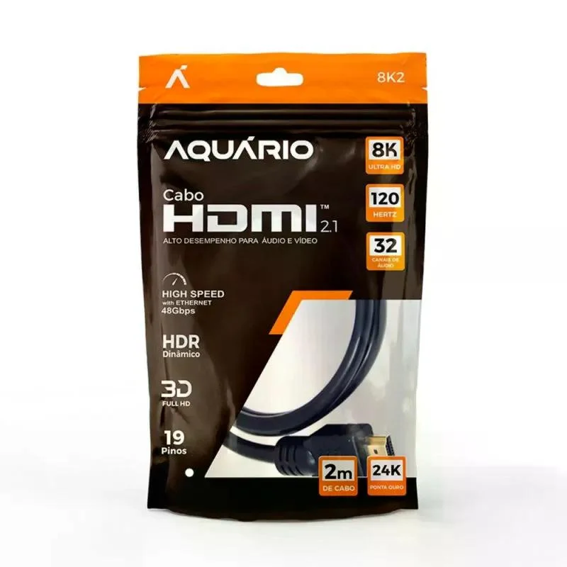 Imagem 2 de 5 do produto Cabo HDMI Aquário 2.1 8K, 3D, 19 Pinos, 2 Metros - 8k2