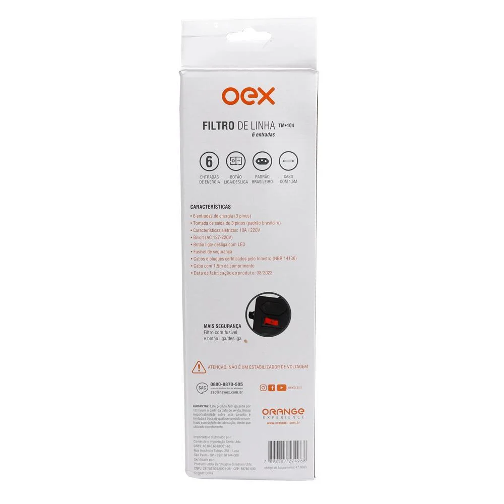 Imagem 5 de 5 do produto Filtro De Linha Oex Tm104, Régua Extensão, 6 Entradas, 1.5M, Preto