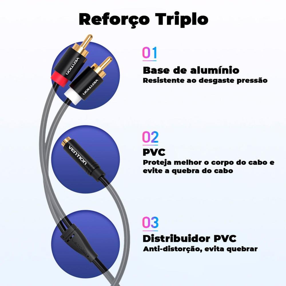 Imagem 2 de 5 do produto Cabo Adaptador 2 Rca Para P2,  Vention, Profissional Dj, 2m - VAB-R01-B200