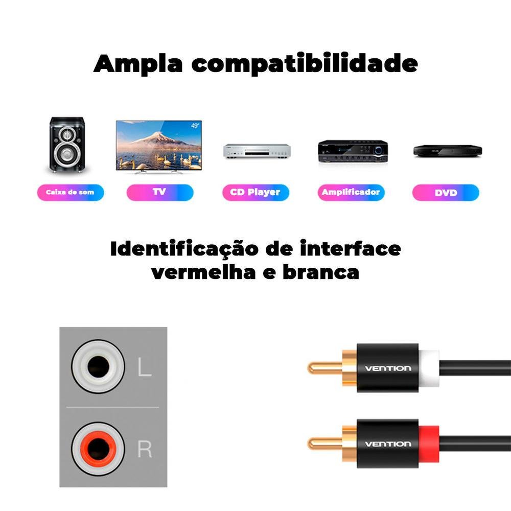 Imagem 2 de 5 do produto Cabo Audio 2 Rca Macho, Vention, Dj, Blindado, Cobre Som, 2m