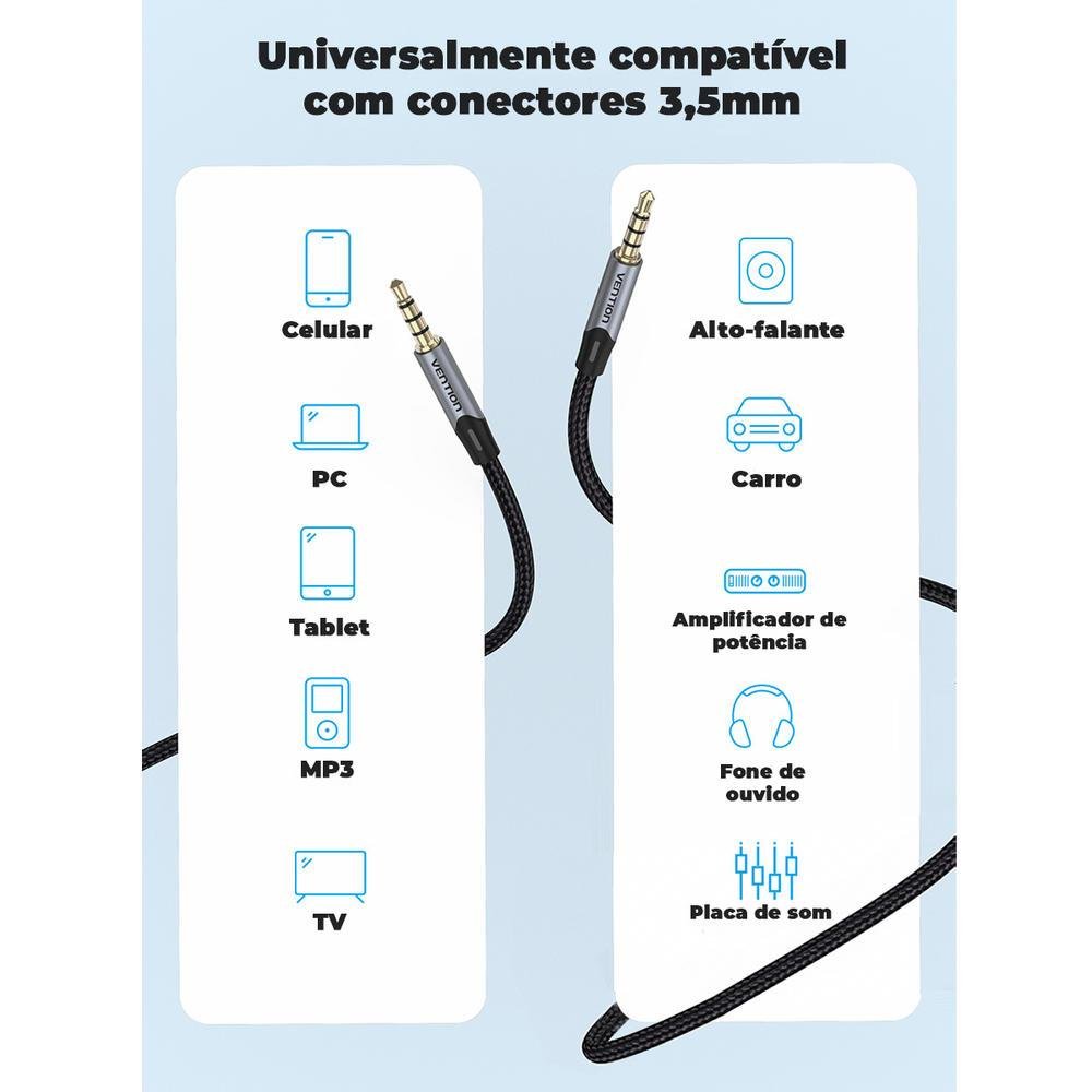 Imagem 2 de 5 do produto Cabo Áudio Vention Auxiliar, P3 3.5Mm, 1.5M, Estéreo, Carro E Som