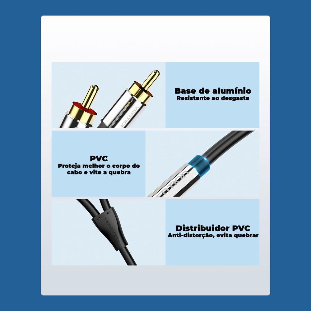 Imagem 2 de 5 do produto Cabo Áudio Vention Auxiliar, P2 Estéreo, Para RCA, 2M, Som