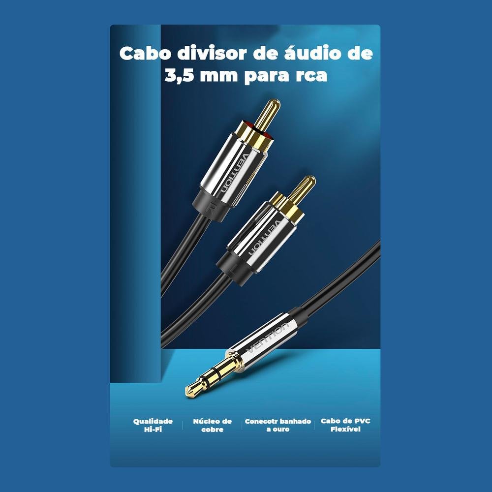 Imagem 3 de 5 do produto Cabo Áudio Vention Auxiliar, P2 Estéreo, Para RCA, 2M, Som