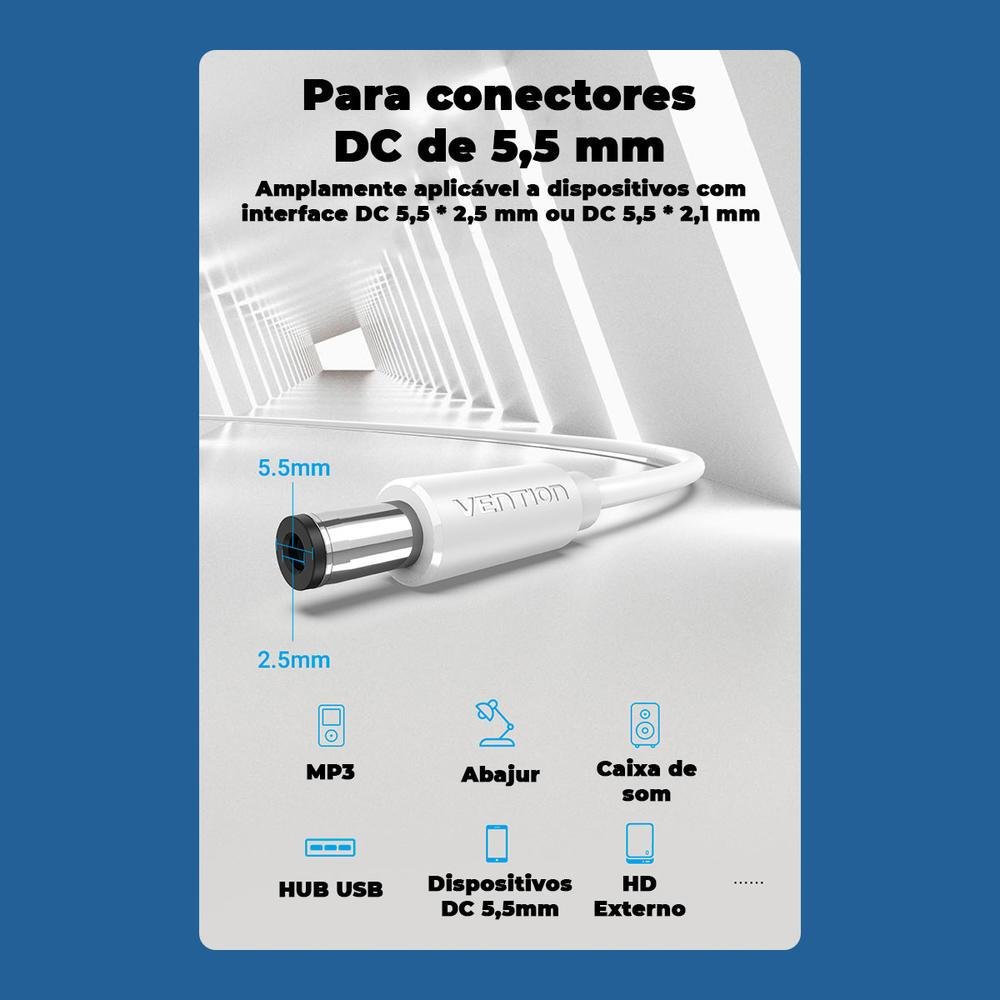 Imagem 5 de 5 do produto Cabo Energia Vention Alimentação, 3Ah, 1.5M, USB A Para DC 5.5mm