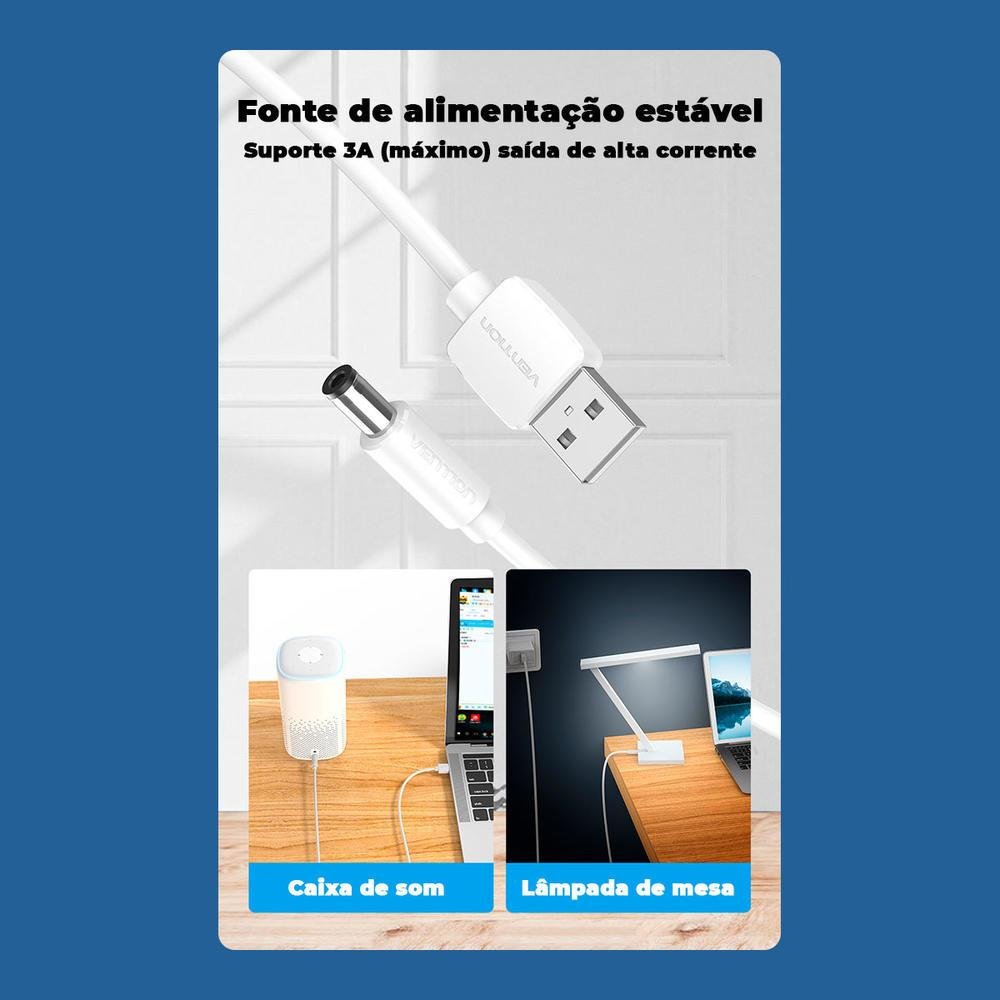 Imagem 2 de 5 do produto Cabo Energia Vention Alimentação, 3Ah, 50cm, USB A Para DC 5.5mm