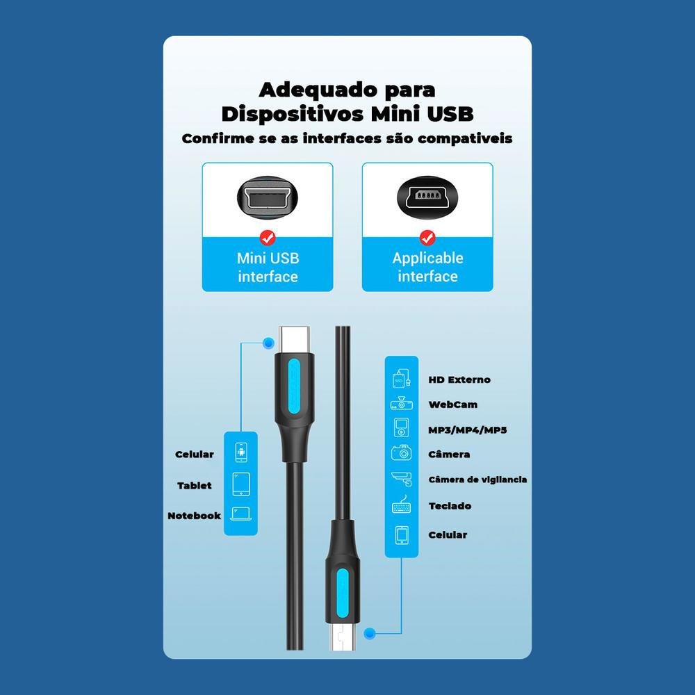 Imagem 2 de 5 do produto Cabo Vention USB C Para Mini USB 2.0, Até 2Ah, 1.5M, Câmera/Notebook