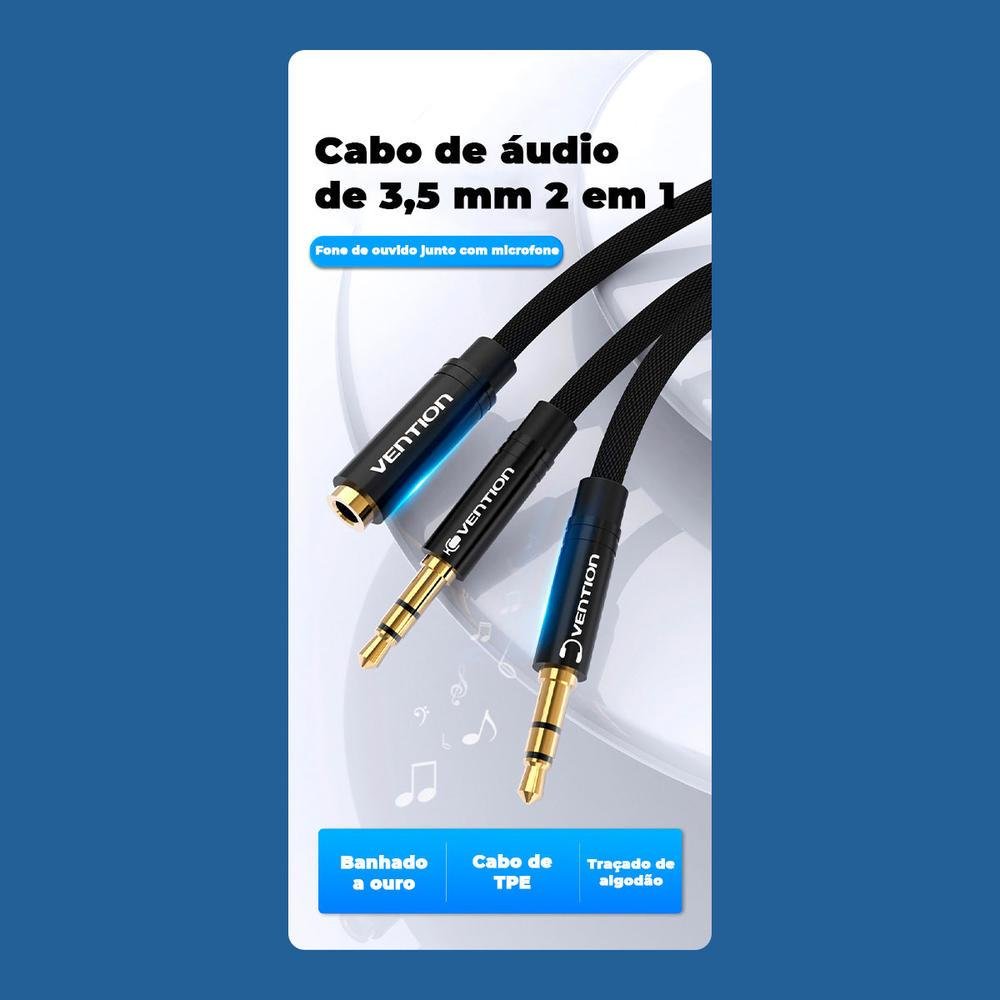 Imagem 2 de 3 do produto Divisor Vention Splitter Y P3 P2 Adaptador Fone Microfone 1m