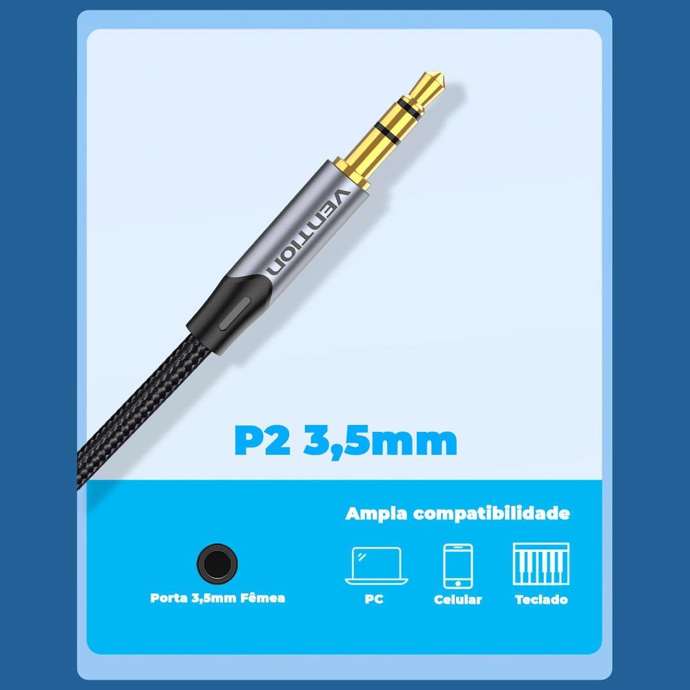 Imagem 4 de 5 do produto Cabo Audio Profissional P2, Vention, Estereo, Para P10, Mono, 5m