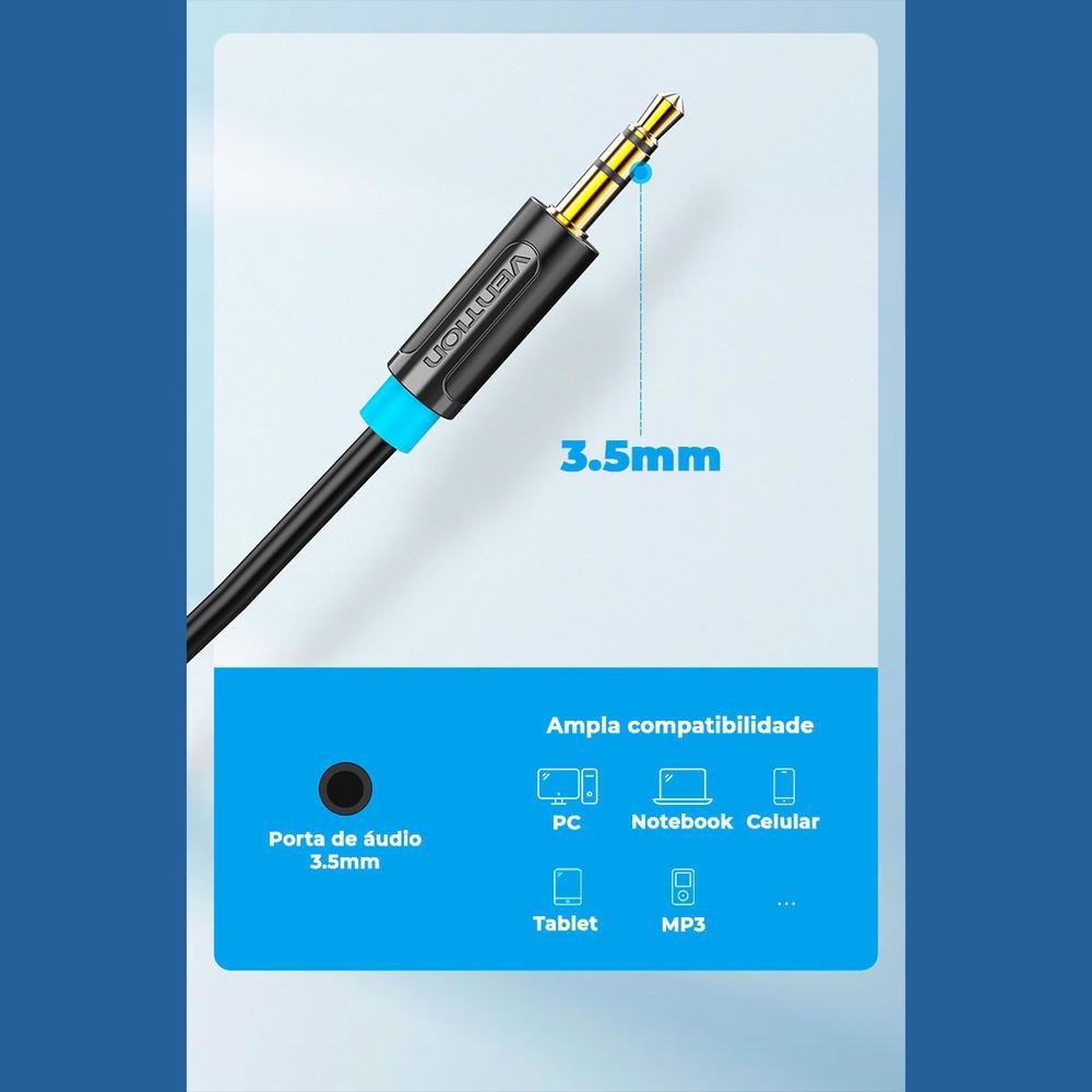 Imagem 2 de 5 do produto Cabo Vention Auxiliar Audio P2 Para Rca Blindado Dj Som 5m