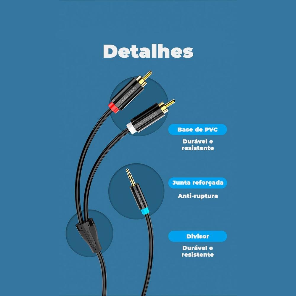 Imagem 5 de 5 do produto Cabo Vention Auxiliar Audio P2 Para Rca Blindado Dj Som 5m