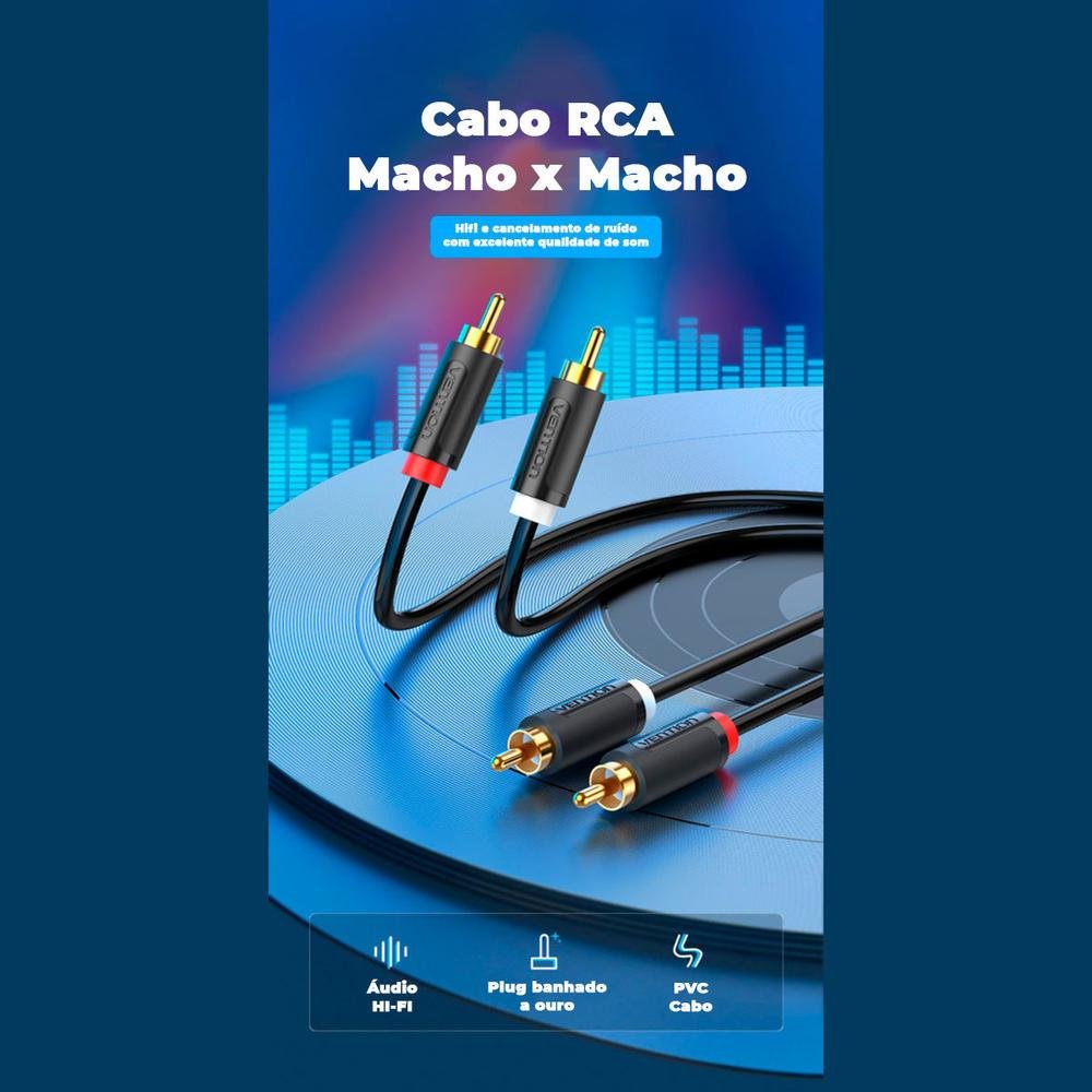 Imagem 4 de 5 do produto Cabo Áudio Vention RCA Macho, Blindado Premium, Mesa Som Dj, 2M