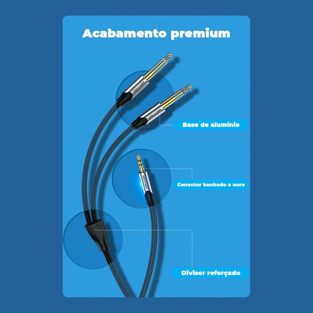 Imagem 2 de 5 do produto Cabo Áudio Vention Profissional, P2 Estéreo Para P10 Mono, 3M