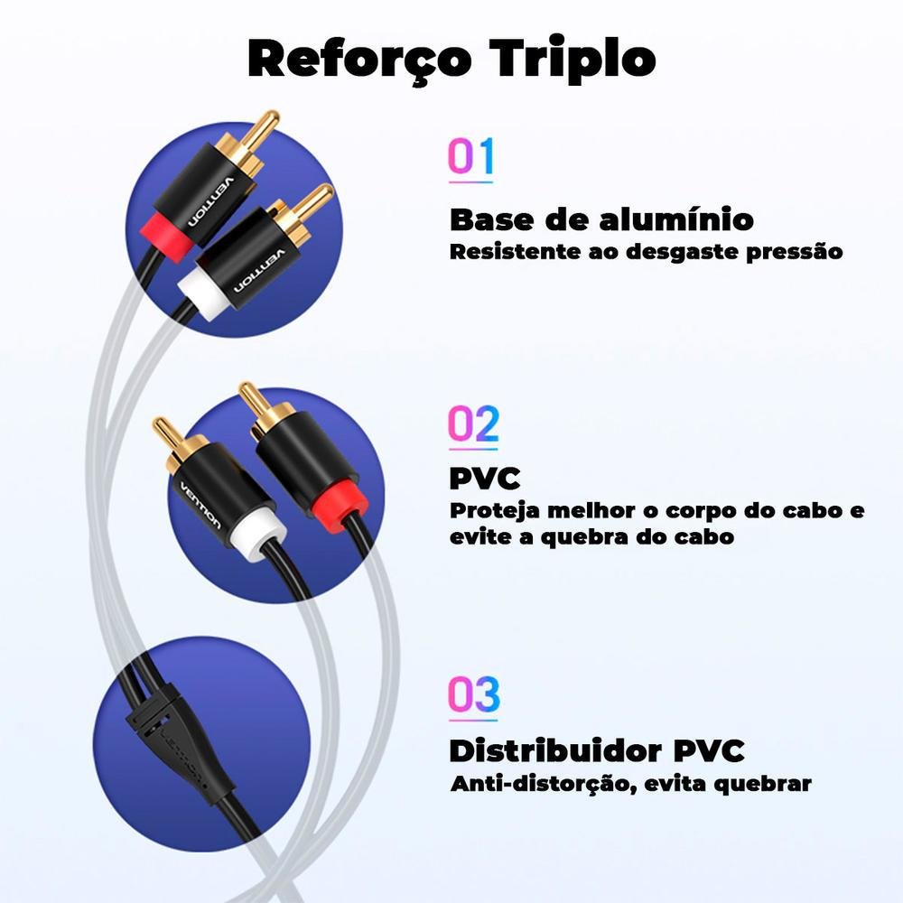 Imagem 2 de 5 do produto Cabo Áudio Vention, 2 RCA Macho, Blindado, Cobre, Som Dj, 1M