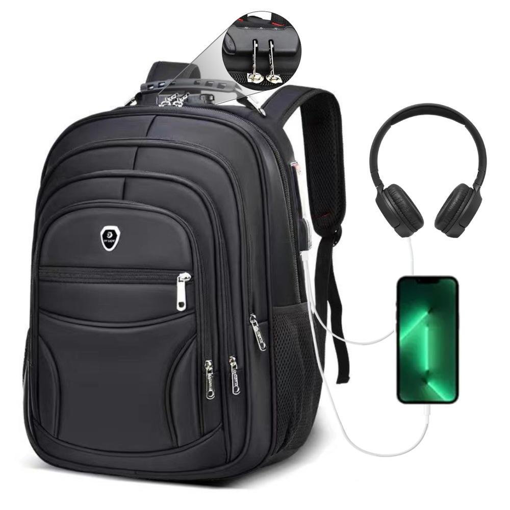 Imagem 2 de 5 do produto Mochila M3M Bolsa Grande Executiva Anti Furto Notebook Saida Cabo USB Fone de Ouvido Preto
