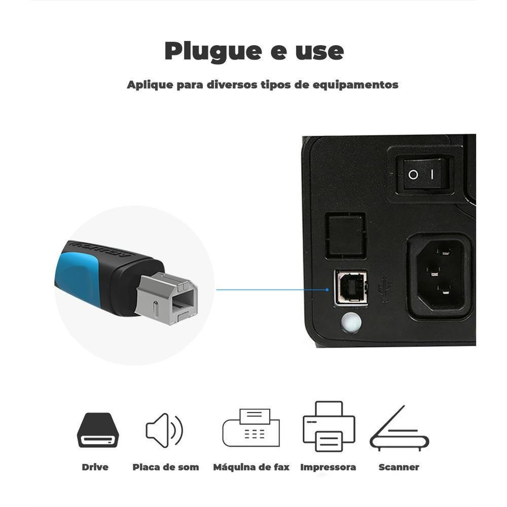 Imagem 4 de 5 do produto Cabo Vention USB B 2.0, 5 Metros, Impressora HP, Epson, Brother, LG