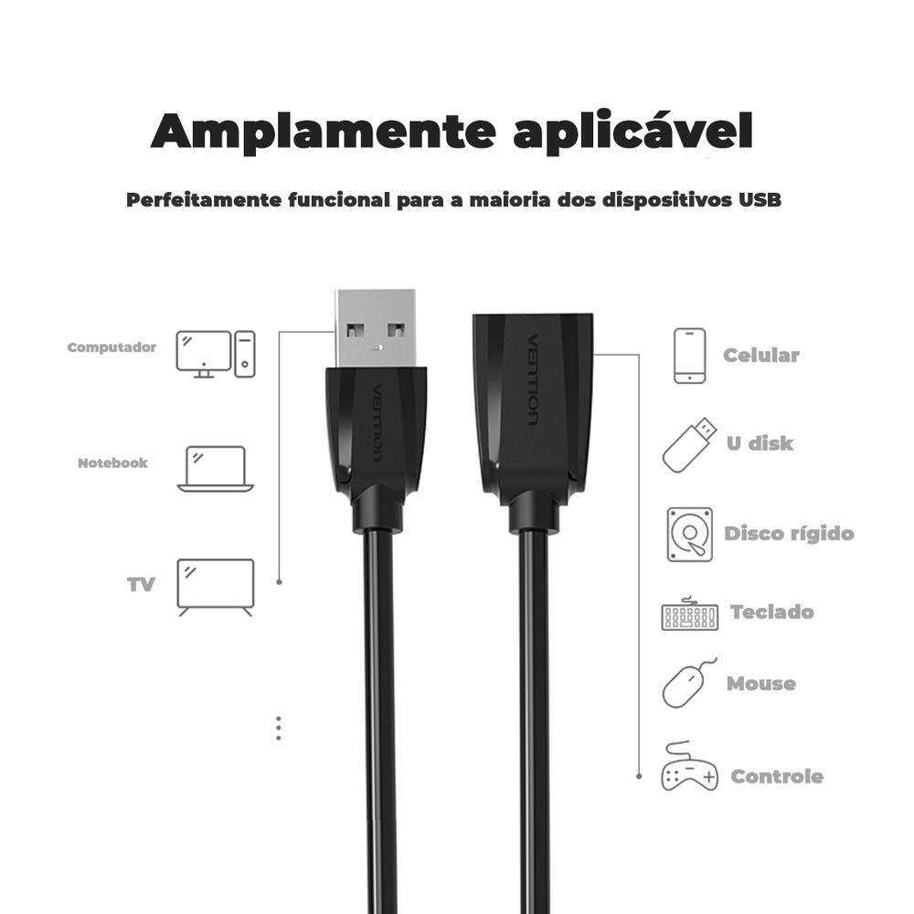 Imagem 2 de 5 do produto Cabo Extensor Vention USB 2.0, Extensão Pendrive, Tv, Pc, 5M