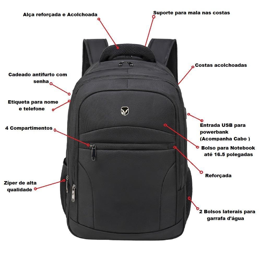 Imagem 3 de 5 do produto Mochila Casual para Notebook 16.5 Polegadas, 32L, poliéster, Antifurto, com cabo USB, Preto