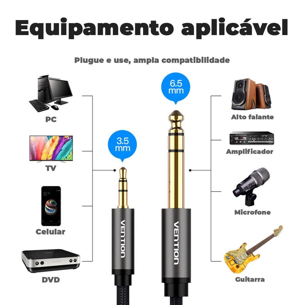 Imagem 2 de 5 do produto Cabo Áudio Vention, P2 Para P10 Estéreo, 1M, Fone/Mesa Som DJ
