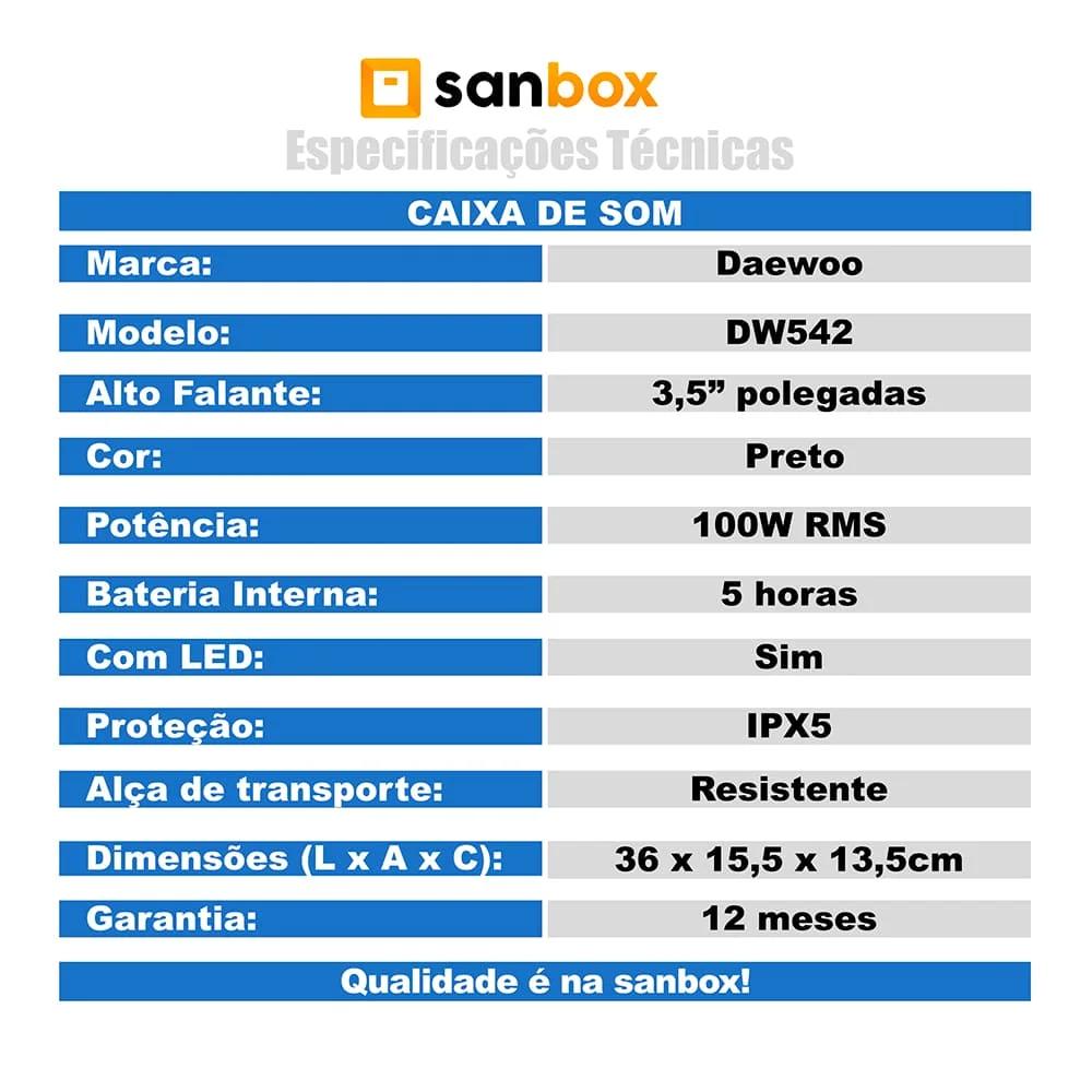 Caixa De Som Portátil Daewoo Dw542, Bluetooth, TWS, Color Soundbox, IPX5, Preto