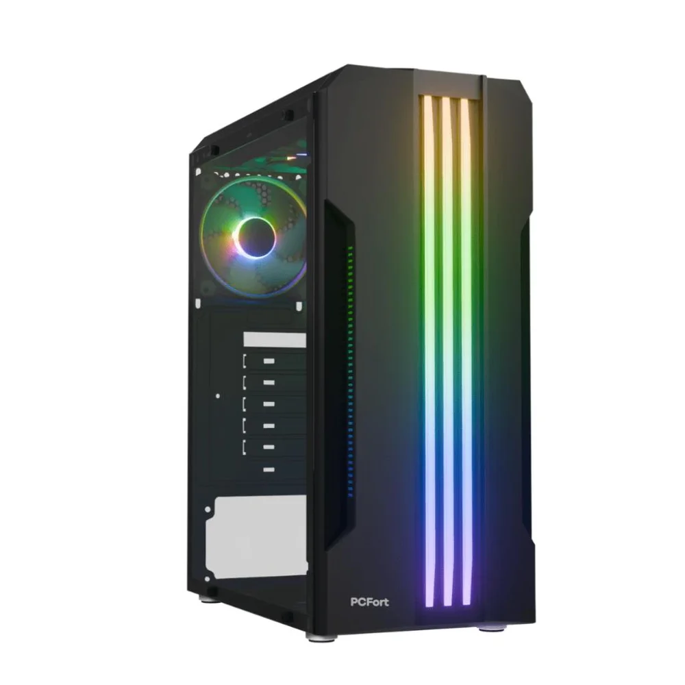 Gabinete Gamer Pcfort Lines Mid Tower ATX RGB Vidro Temperado 3 Fans Preto