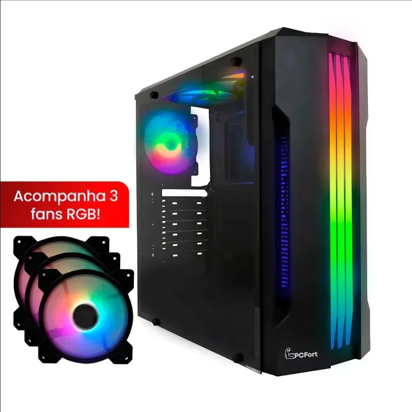 Imagem 2 de 5 do produto Gabinete Gamer Pcfort Lines Mid Tower ATX RGB Vidro Temperado 3 Fans Preto