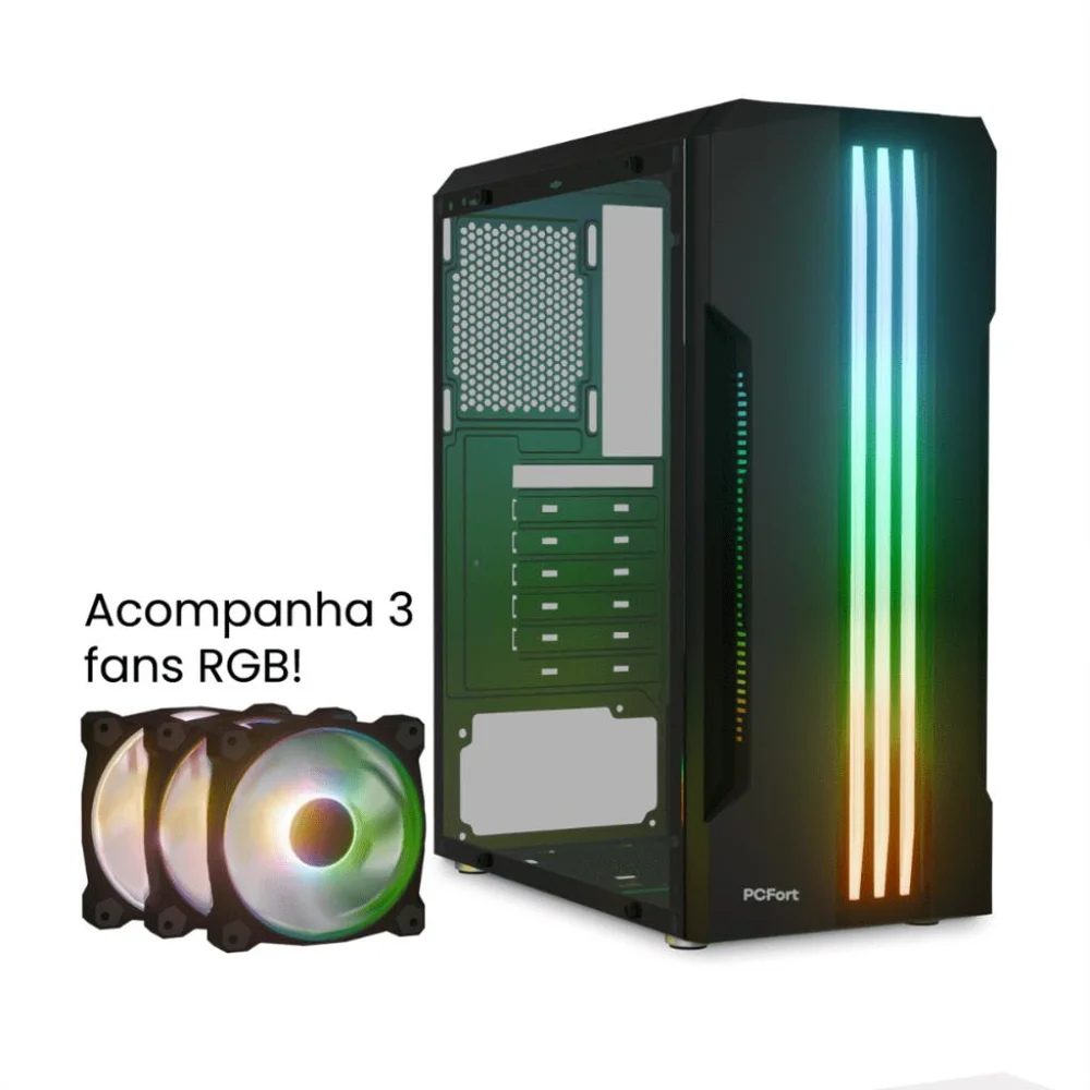 Imagem 3 de 5 do produto Gabinete Gamer Pcfort Lines Mid Tower ATX RGB Vidro Temperado 3 Fans Preto