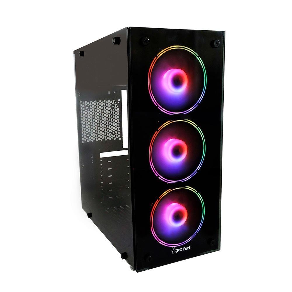 Gabinete Gamer Pcfort Endless, Mid Tower, RGB, Lateral E Frontal Em Vidro, Com 3 Fans RGB, Preto