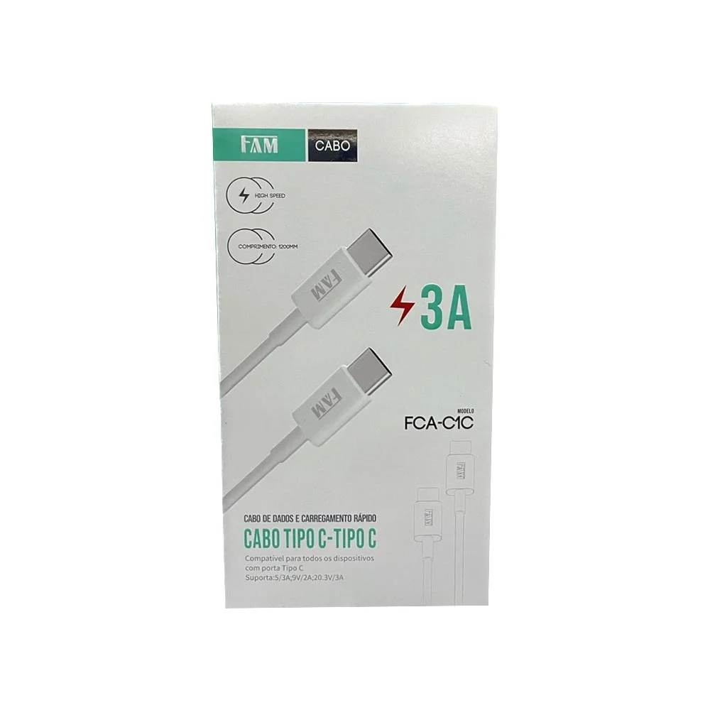 Imagem 2 de 2 do produto Cabo Transferência de Dados Fam Fca-C1c, USB-C, 3A, 120Cm, Branco