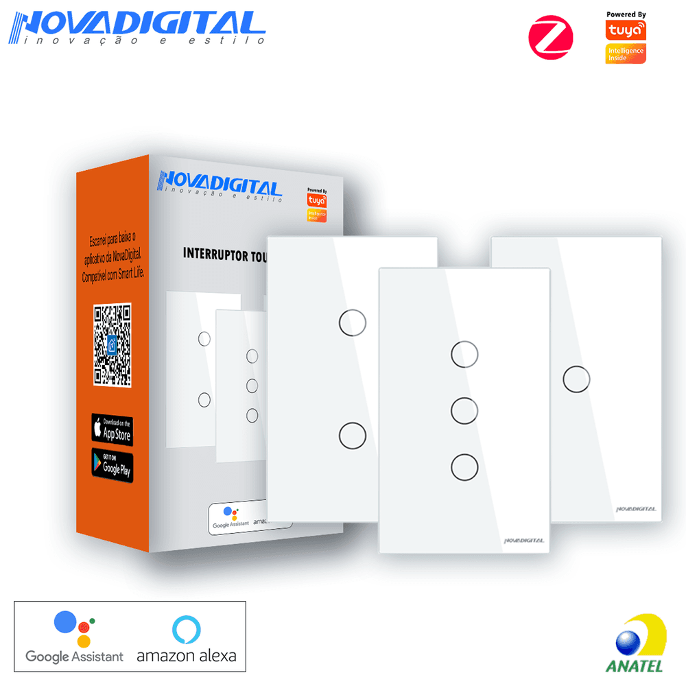 Imagem 2 de 5 do produto Interruptor Inteligente Novadigital Touch Alexa Googlehome 3 Botões ZiGBee App